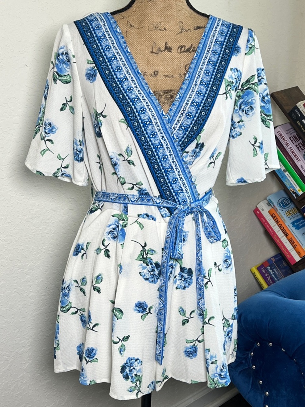 White Floral Wrap Romper with Blue Trim